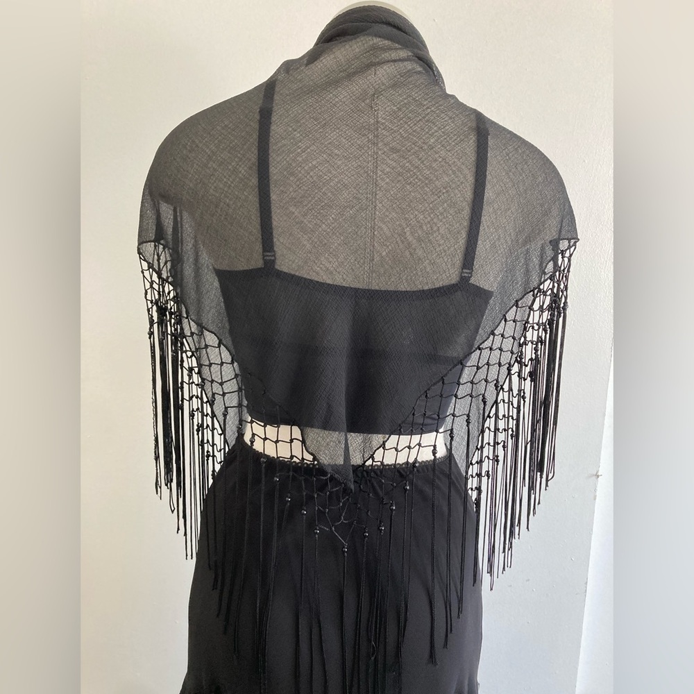 Black Fringe Sheer Shawl Scarf - Picture 3 of 4